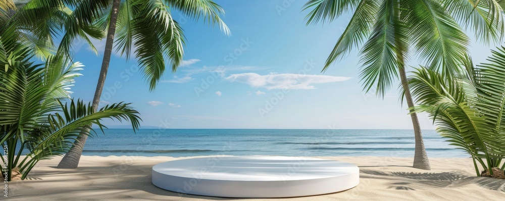 White platform on sandy beach with palm trees and ocean view. White platform on sandy beach with palm trees and ocean view.