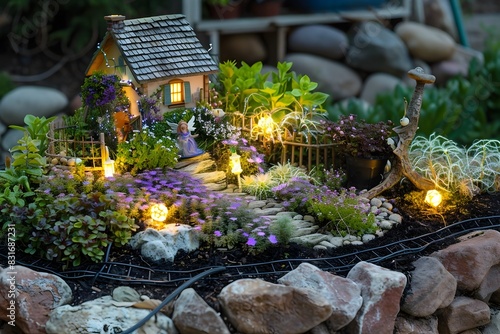 Enchanting Miniature Fairy Garden with Glowing Foliage and Serene Landscape