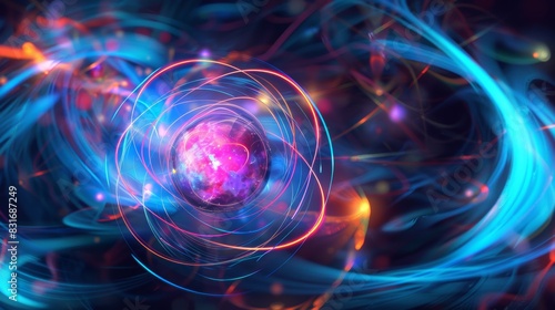 A vibrant, abstract digital art image depicting atomic energy with swirling blue and pink light trails, evoking a dynamic cosmic scene. © kittikunfoto