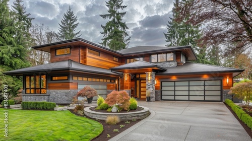 Luxurious home design with modern curb appeal in Bellevue. photo