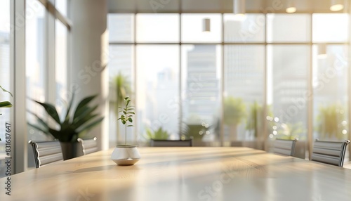 blurred modern office interior with panoramic windows and beautiful lighting abstract background