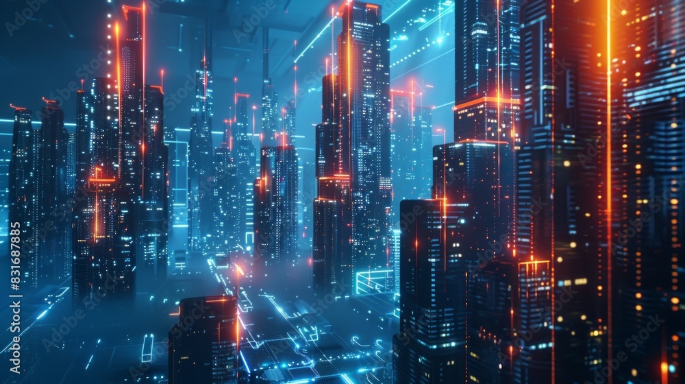 Fototapeta premium 3D Rendering of neon mega city with light reflection from puddles on street heading toward buildings. Concept for night life
