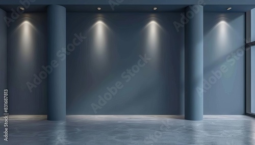 chic grayblue empty wall with columns and dramatic side lighting minimalist interior 3d rendering