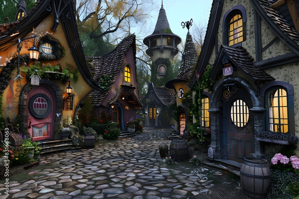 Obraz premium Enchanting Whimsical Fantasy Village with Cozy Cobblestone Streets and Charming Storybook Architecture