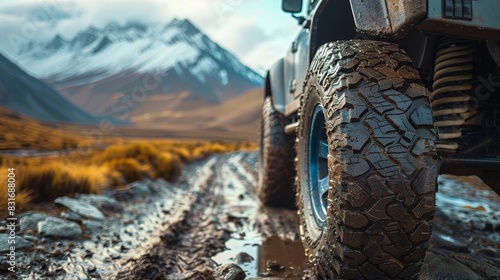 A shiny, new all terrain tire mounted on a rugged vehicle, ready for action, parked on a dirt path with mountains in the background photo