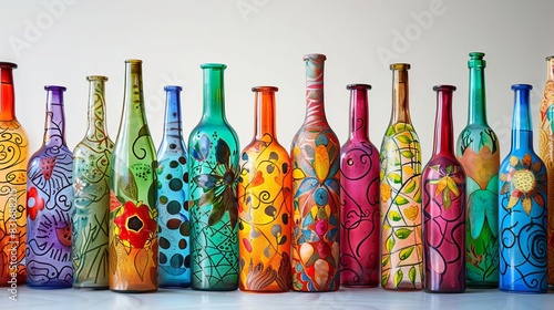 Artistic arrangement of colorful bottles, each with unique patterns, isolated background, studio lighting