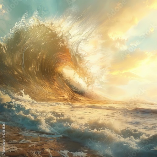 colossal tsunami wave crashing onto shore with dramatic spray and foam digital painting