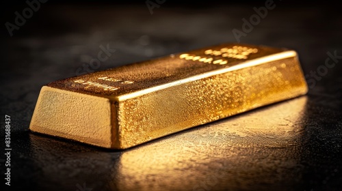 Close-up of a luxury expensive shiny gold bar on an isolated dark background, studio lighting, highlighting intricate details and gleaming surface