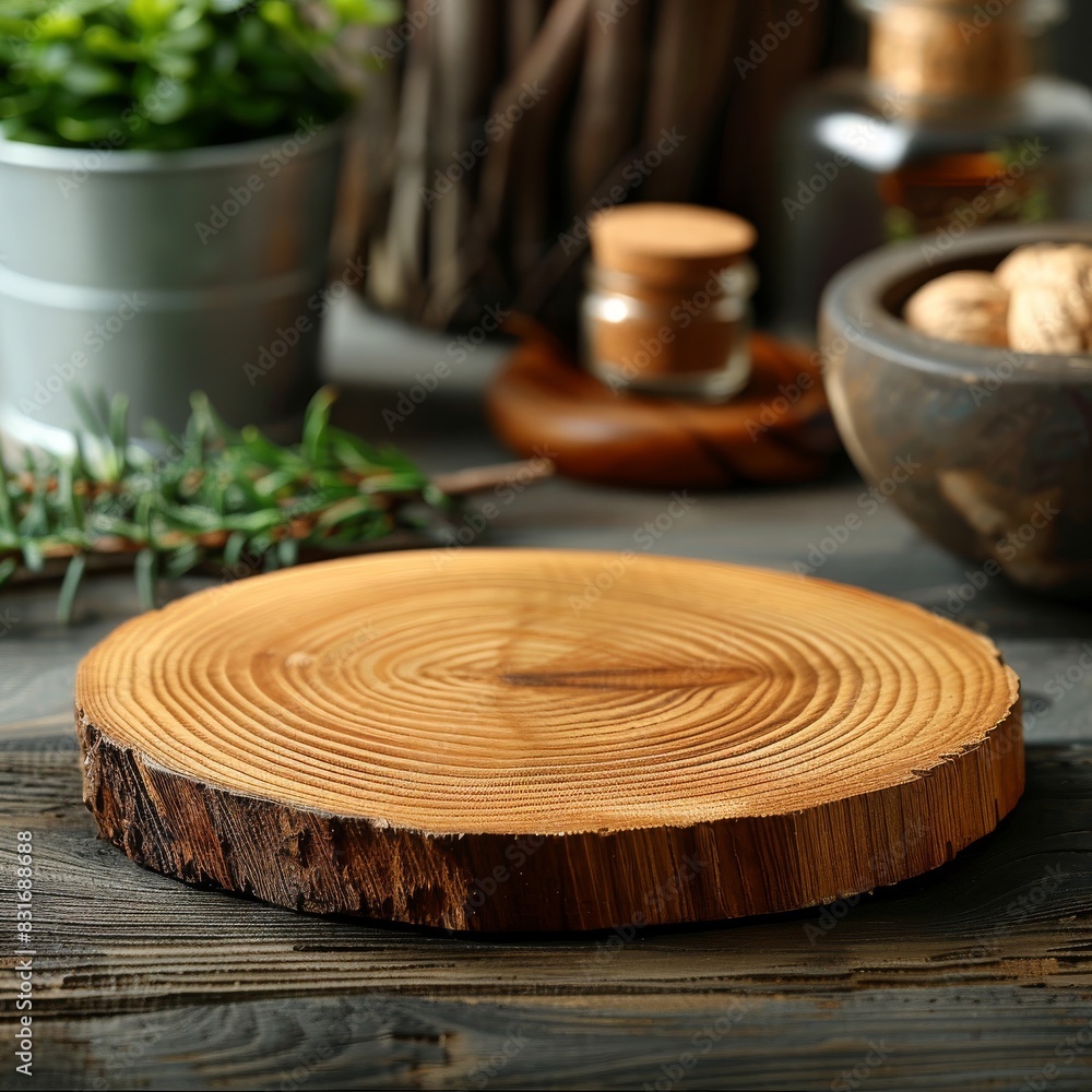 Obraz premium Greenery accents on a rustic wooden slice