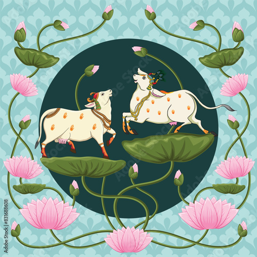 Indian traditional Rajasthani painting happy cows in Lotus Pond photo