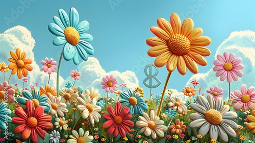 A cheerful cartoon background covered in colorful flowers against a bright sunny sky with clouds