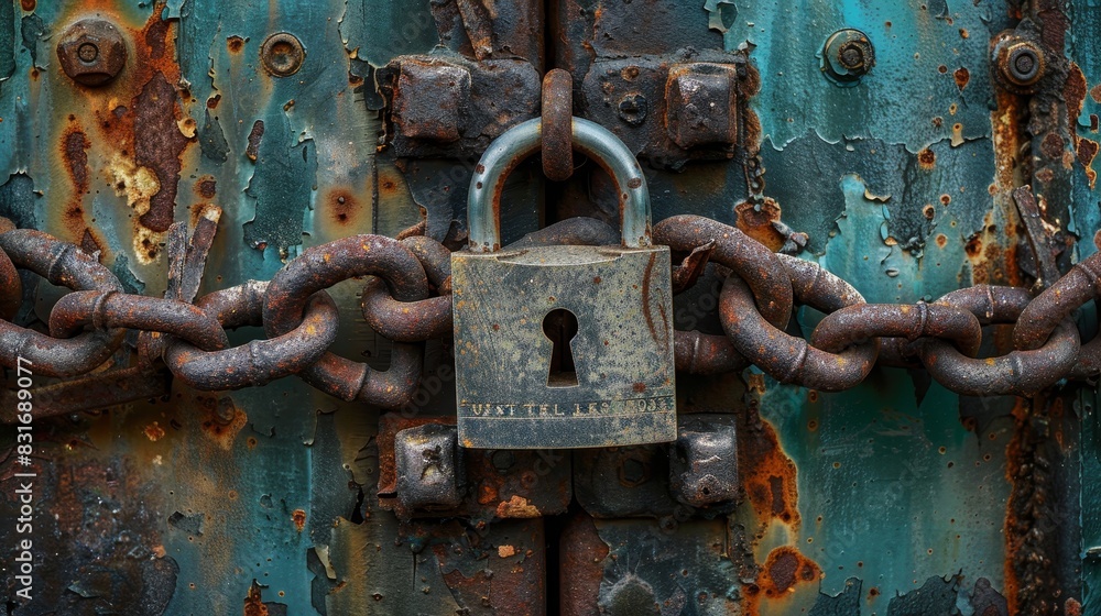 Focused image of a large padlock enveloped by heavy, rusted chains on a decrepit metal door, capturing the essence of neglect Focused image of a large padlock enveloped by heavy, rusted chains on a decrepit metal door, capturing the essence of neglect
