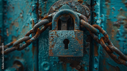 Focused image of a large padlock enveloped by heavy, rusted chains on a decrepit metal door, capturing the essence of neglect