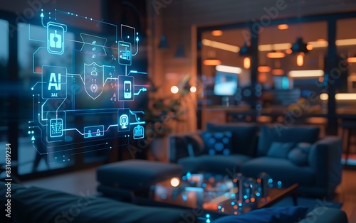 Advanced smart home setup with AI at the core  displaying a holographic interface for various devices in a modern living room