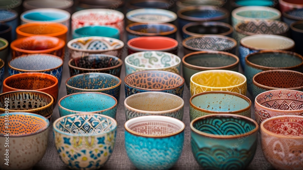 Elegant showcase of multicolored ceramic cups with intricate designs, isolated background, studio lighting Elegant showcase of multicolored ceramic cups with intricate designs, isolated background, studio lighting