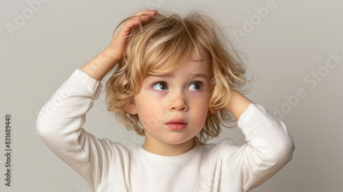 A young blonde child with a white shirt and messy hair is looking up at the camera. The child's expression is curious and inquisitive, as if trying to understand something
