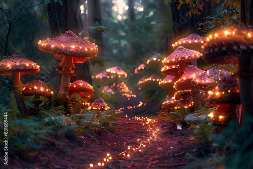 Glowing Mushroom Fairytale in Enchanted Forest with Luminous Fairy Lights