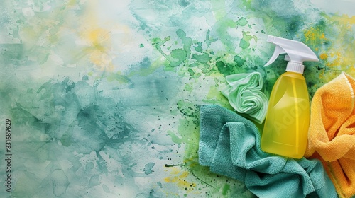 Eco-friendly cleaning essentials, microfiber cloths and spray bottle close-up, artistic watercolor background, with text space, isolated background, studio lighting