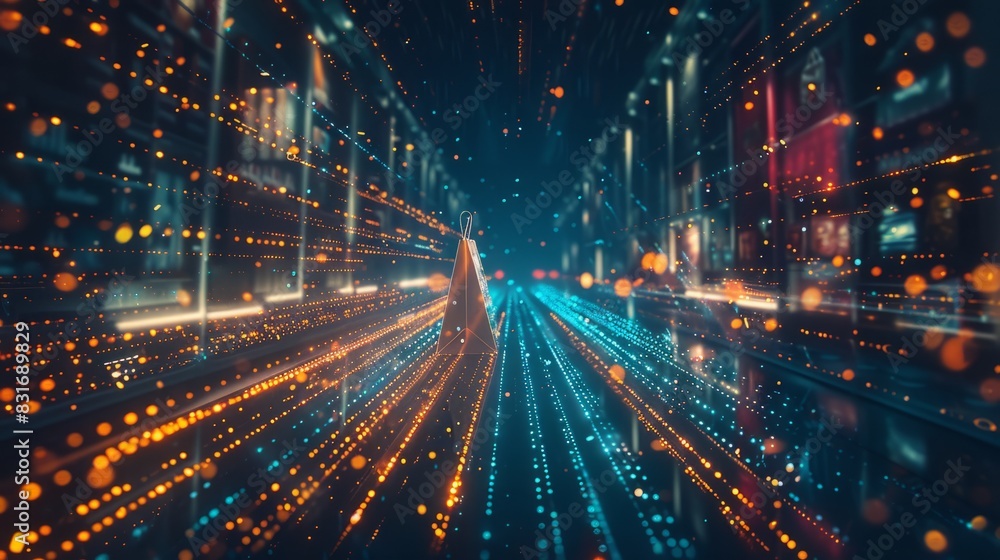 A digital landscape showing a stream of data leading to a virtual shopping bag, online shopping, dynamic and dramatic compositions A digital landscape showing a stream of data leading to a virtual shopping bag, online shopping, dynamic and dramatic compositions