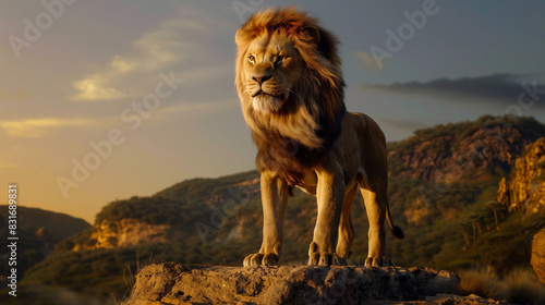 Majestic lion king standing on rocky cliff during sunset  Dominance and rule with power concept