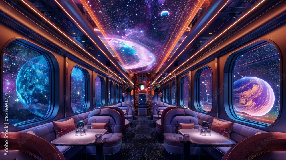 Cosmic train interior with vibrant planets visible through large windows, ambient lighting, and sleek, modern seating Cosmic train interior with vibrant planets visible through large windows, ambient lighting, and sleek, modern seating