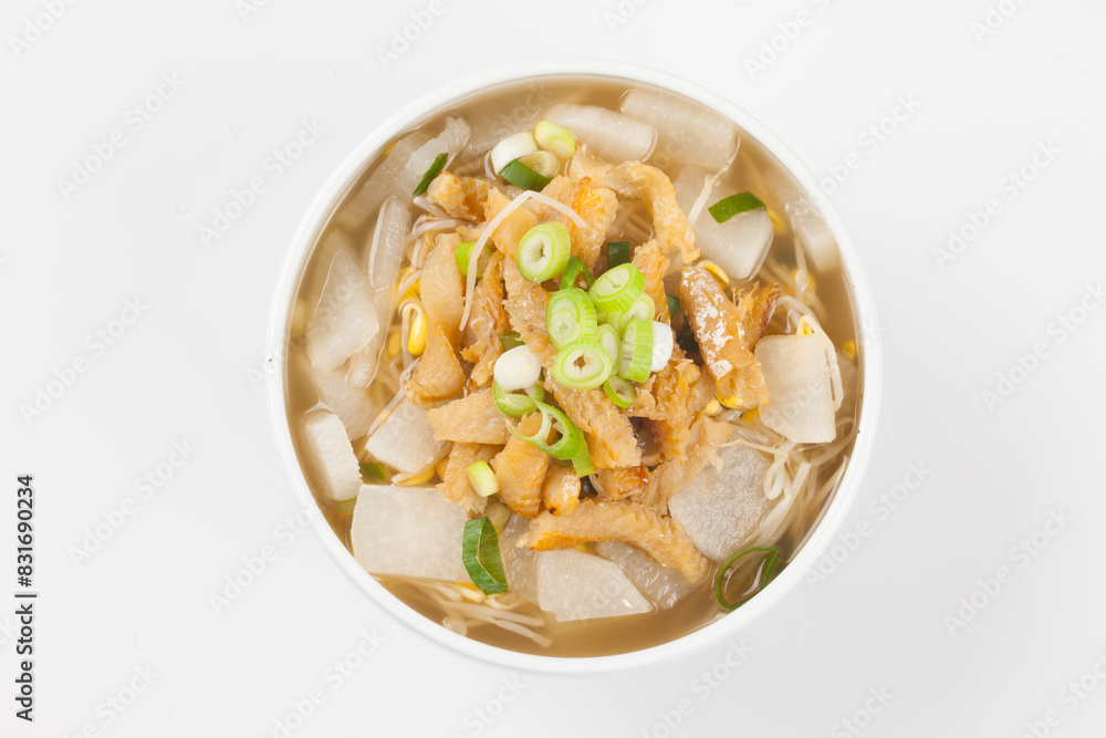 Soup made by tearing dried dried pollack into small pieces, adding green onions, and beating an egg. Soup made by tearing dried dried pollack into small pieces, adding green onions, and beating an egg.