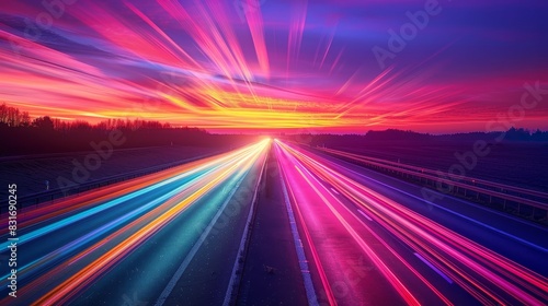 Dawn breaking over an empty highway with vibrant neon light trails, abstract rainbow hues merging with a pink purple sunrise