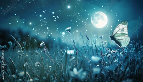 ethereal butterfly in moonlit meadow grass at night magical artistic dream concept copy space photo
