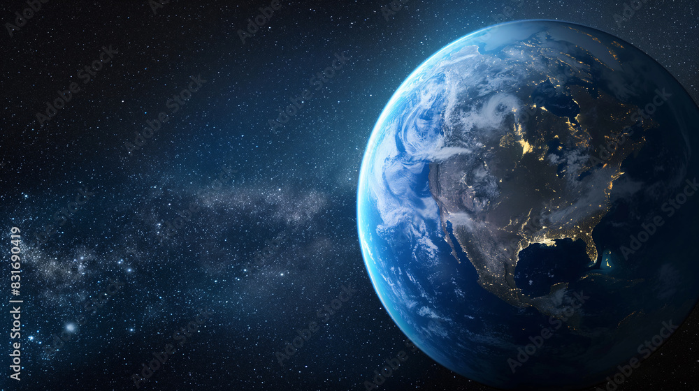 Fototapeta premium glowing planet earth in space with copy space