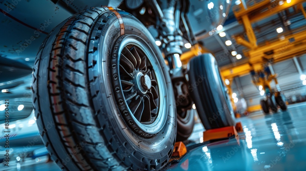 Close-up of airplane wheels, showcasing intricate details of landing gear, hydraulic systems, and tread patterns on the tires Close-up of airplane wheels, showcasing intricate details of landing gear, hydraulic systems, and tread patterns on the tires