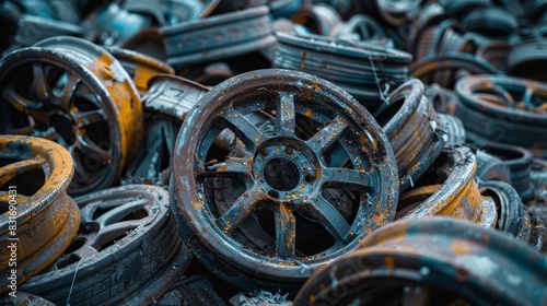 Close-up of scrap alloy wheels at an outdoor recycling site, highlighting the signs of wear and weathering in a raw style