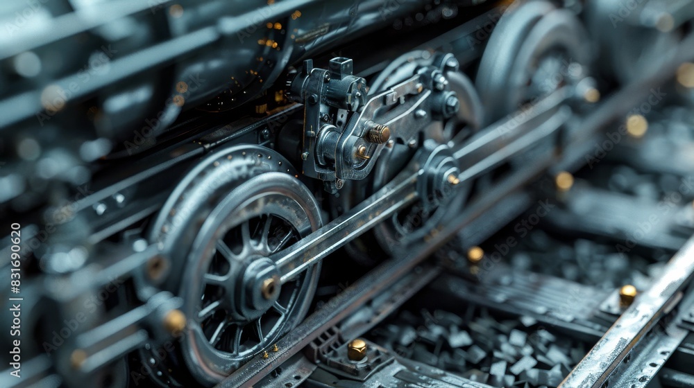 Close-up view of train wheels and track, detailed metal textures, and mechanical parts, with shadows highlighting the intricate components Close-up view of train wheels and track, detailed metal textures, and mechanical parts, with shadows highlighting the intricate components