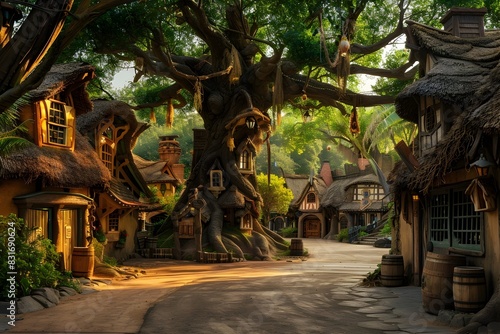 Fantastical Fairytale Village Nestled Under the Protective Embrace of a Giant Enchanted Tree