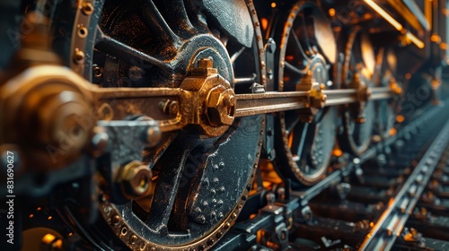 Close-up view of train wheels and track, detailed metal textures, and mechanical parts, with shadows highlighting the intricate components photo