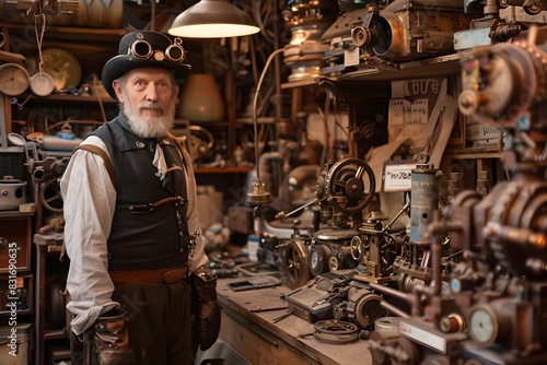 Eccentric Steampunk Inventor in Cluttered Workshop Filled with Vintage Machinery and Gadgets