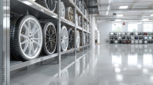 Contemporary alloy wheels storage with white alloy wheels, clean and ready to use, displayed on sleek, modern shelving units photo