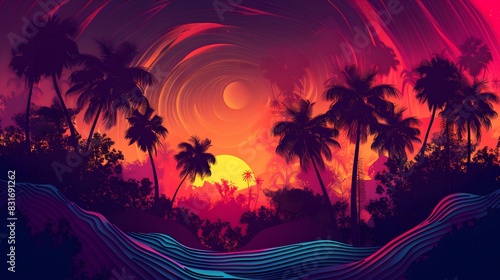 A groovy background featuring a vibrant sunset setting behind a silhouette of palm trees