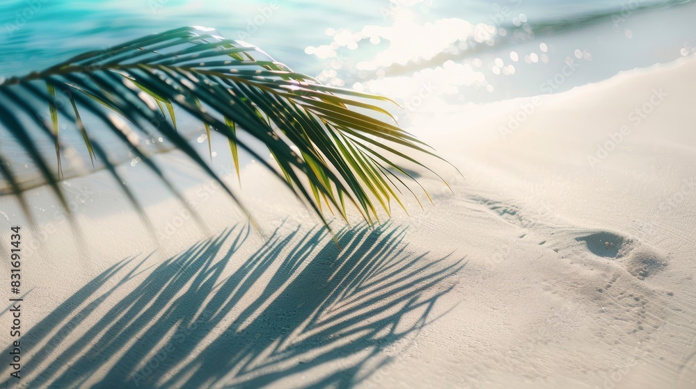 palm leaf shadow on abstract white sand beach background, sun lights on water surface, beautiful abstract background concept banner for summer vacation at the beach - generative ai