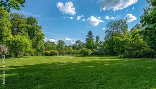 idyllic spring park with a manicured lawn surrounded by lush trees and fluffy clouds blurred background photography photo