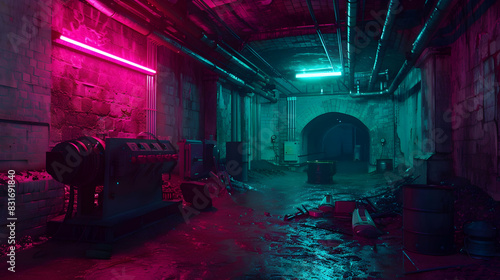 Wallpaper Mural A surreal image of a hidden underground laboratory in the sewers, with flickering neon lights casting stark shadows on advanced but makeshift scientific equipment, creating a sense of clandestine Torontodigital.ca