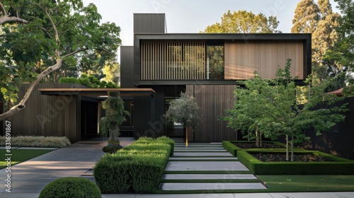 Luxurious modern cubic house with wooden cladding and black panel walls, front yard landscaping