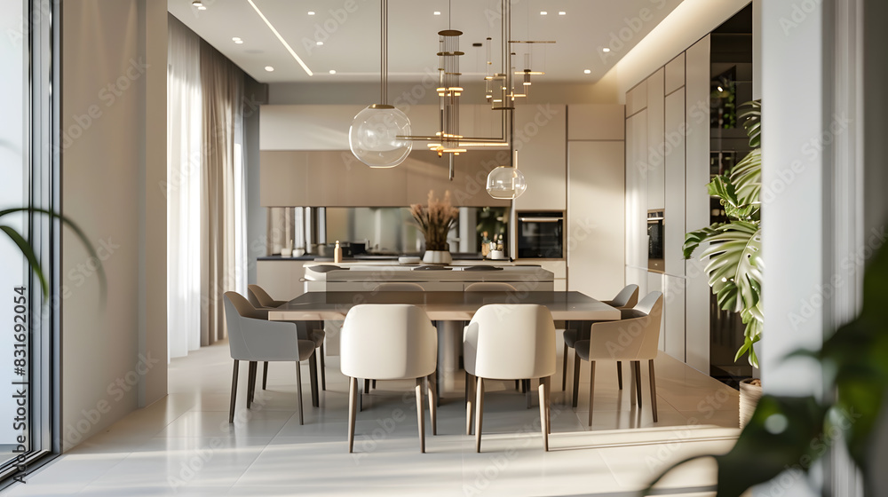 A large, modern dining room with a wooden table and chairs A large, modern dining room with a wooden table and chairs