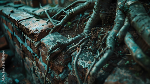 A detailed macro shot of intricate roots breaking through the brick walls of an old sewer, with soft, diffused light highlighting the textures and the encroachment of nature into man-made structures.