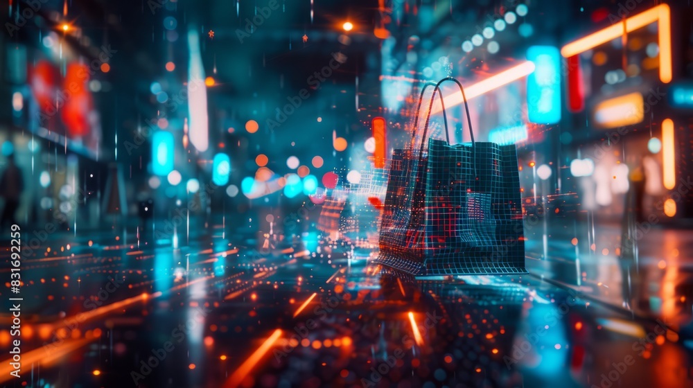Fototapeta premium A digital landscape showing a stream of data leading to a virtual shopping bag, online shopping, dynamic and dramatic compositions