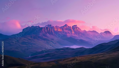 majestic purple mountain range bathed in warm golden sunset light breathtaking panoramic landscape photograph