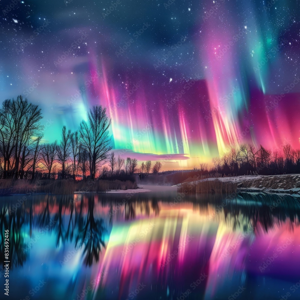 mesmerizing aurora dancing over tranquil river colorful lights reflecting on water night sky nature photography
