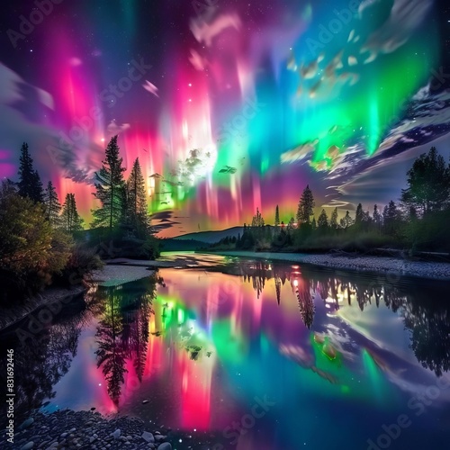 mesmerizing aurora dancing over tranquil river colorful lights reflecting on water night sky nature photography © furyon