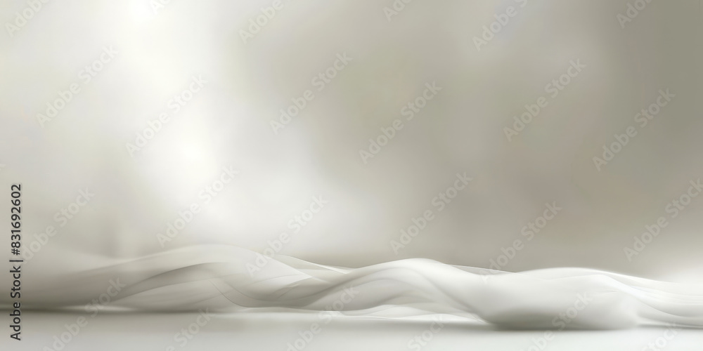 Fototapeta premium White empty room with smoke or fog on white background. Misty ethereal scene with soft light and reflective surface creating a serene and calming atmosphere in a dreamy abstract style 