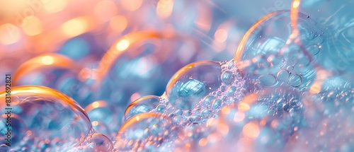 Detailed macro view of laundry detergent bubbles, highlighting the texture and vibrant movement within the washing machine, clean and dynamic photo