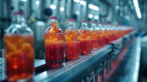 Detailed conveyor belt scene  transparent bottles of mixed fruit juice  synchronized machinery  and production speed
